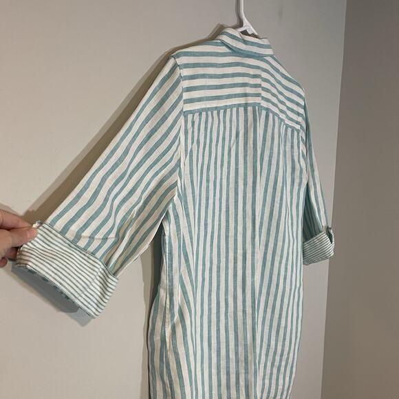 Chico's No Iron Sz 2.5 (US 14) Blue White 3/4 Sleeve Striped Linen Shirt Tunic - Picture 8 of 8